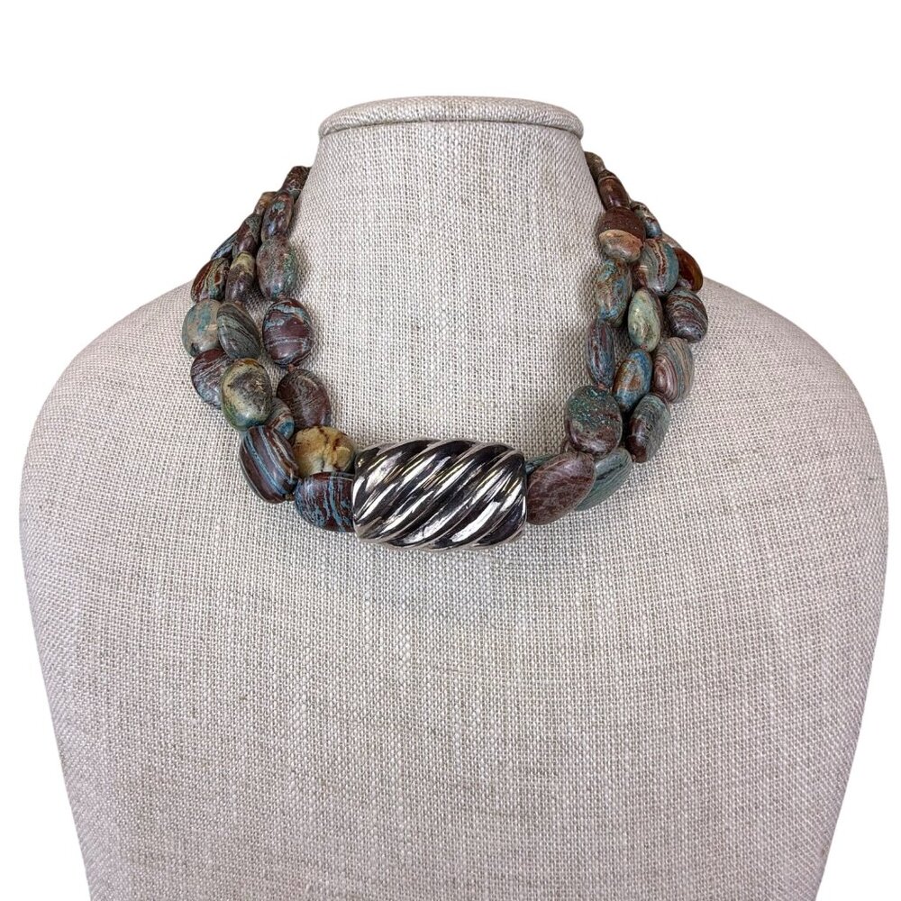 Elegant Vintage Multi-Strand Beaded Necklace With Silver Tone Clasp Statement Pi